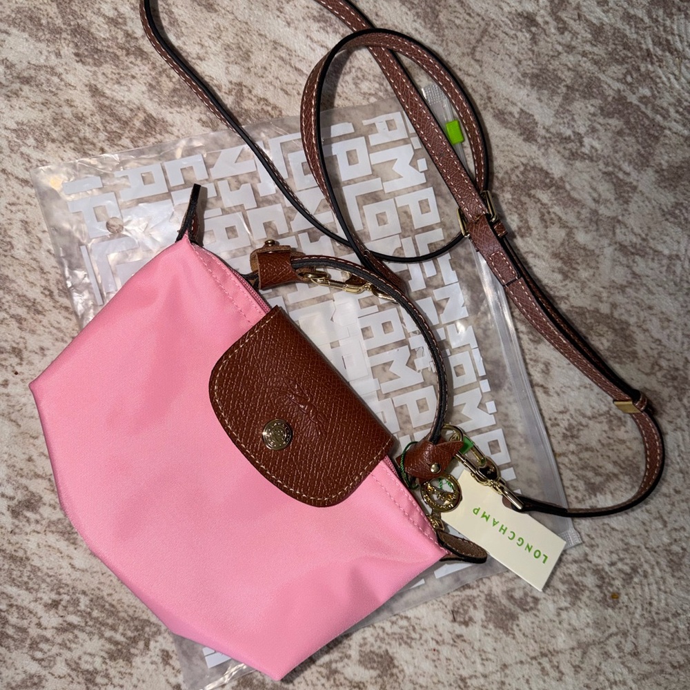 Longchamp Pink Nylon Crossbody with Brown Leather Trim and Strap